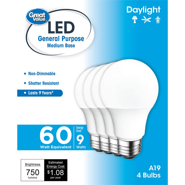 Great Value LED Light Bulb, 9W (60W Equivalent) A19 General Purpose Lamp E26 Medium Base, Non - Dimmable, Daylight, 4 - Pack