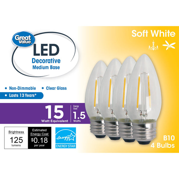 Great Value LED Light Bulb, 1.5 Watts (15w Equivalent) B10 Deco Lamp E26 Medium Base, Non - Dimmable, Soft White, 4 - Pack