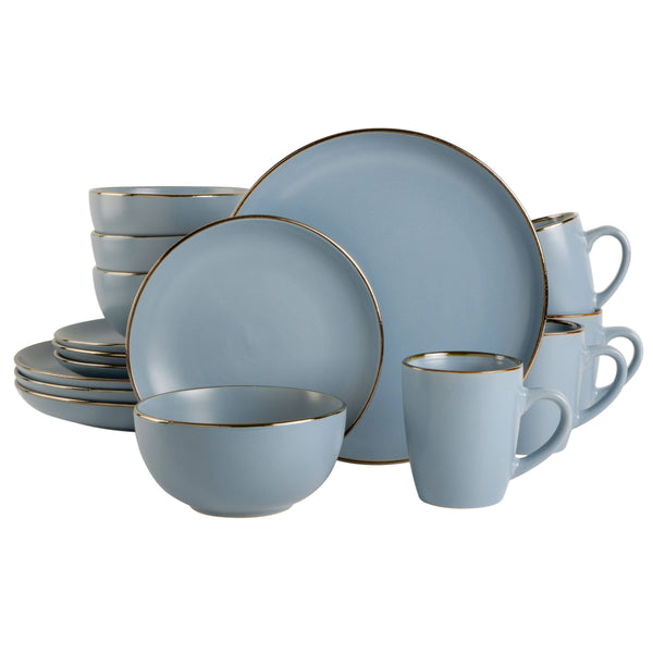 Gibson Home Rockaway Gold 16 - Piece Stoneware Dinnerware Set Matte Blue