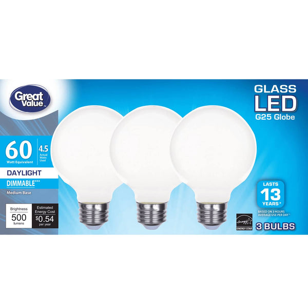 Great Value LED Bulb, 4.5 - Watt (60W Equivalent) G25 Deco Bulbs E26 Base, Daylight, 3 - Pack