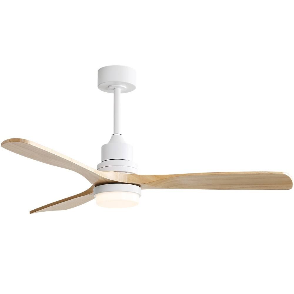52 inch Indoor and Outdoor Downrod Solid Wood Ceiling Fan with Remote, Integrated Light Optional - with Integrated Light - White with Burlywood Blades