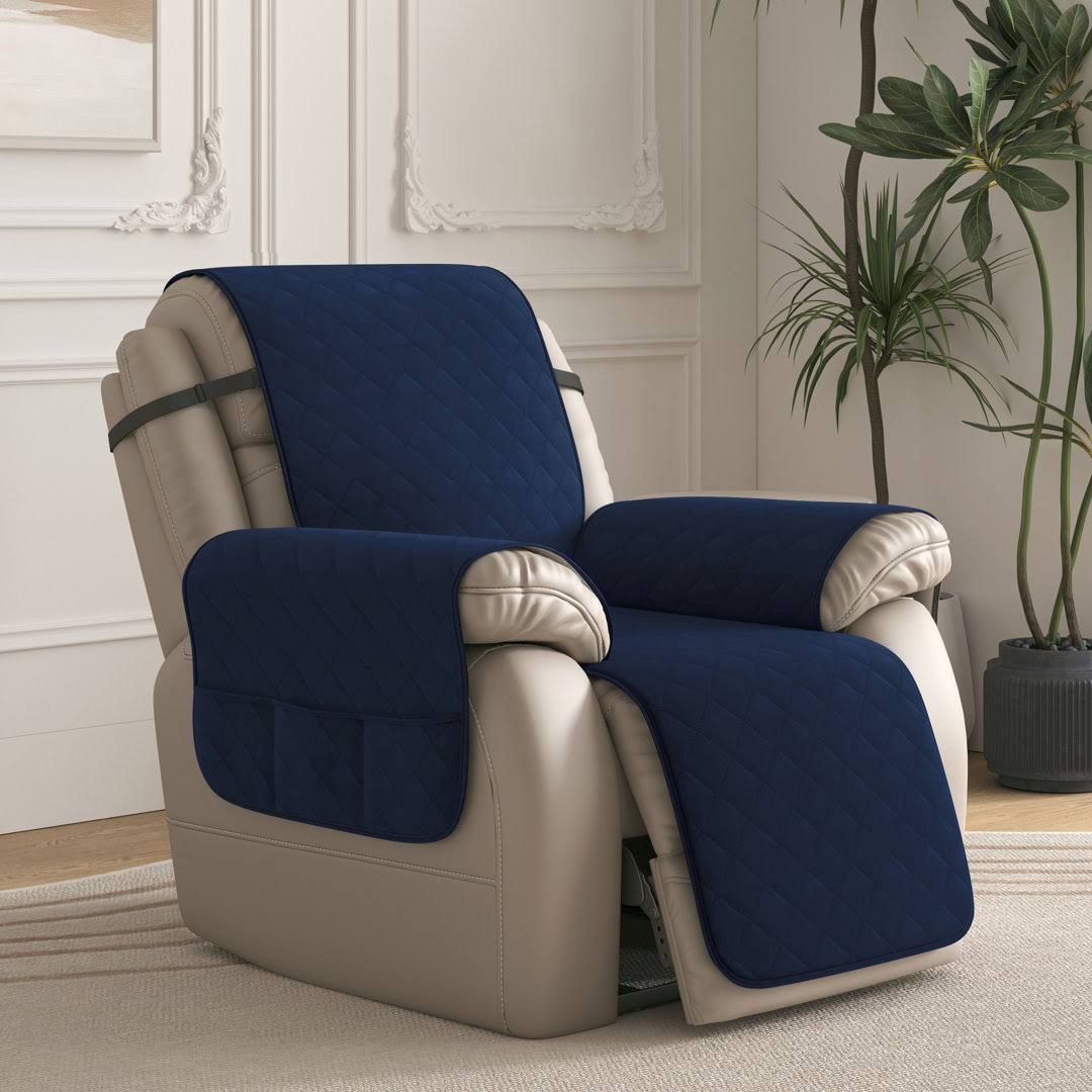 Subrtex 1 - Piece Reversible Quilted Recliner Chair Cover with Elastic Adjustable Strap, Small, Navy, Size Two Sizes for The Perfe