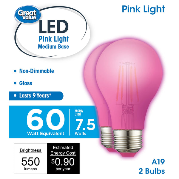 Great Value LED Light Bulb, 7.5 Watts (60W Equivalent) A19 Lamp E26 Medium Base, Non - Dimmable, 2 - Pack, Pink