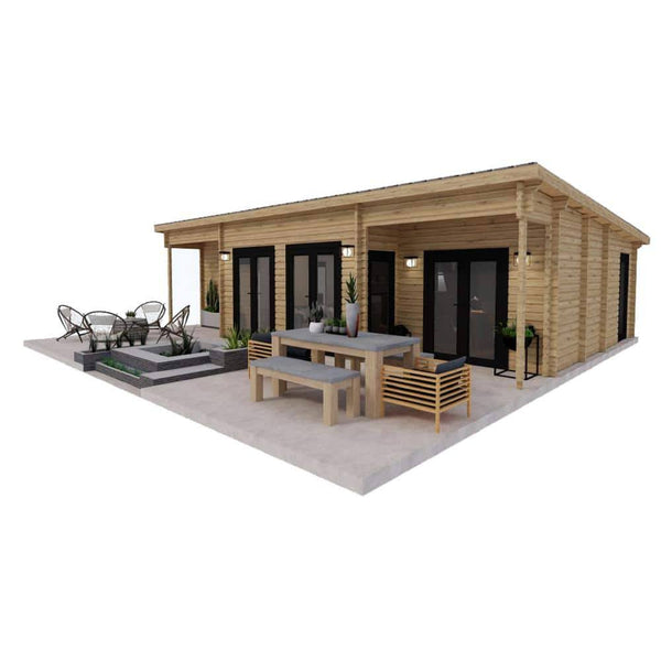 Hud - 1 EZ Buildings Nordic J68 33 ft. 3 in. x 19 ft., 3 ft. 1 in. with 14 ft. 3 in x 3 ft. 5 in. Bay Area ?692 Sq. ft. Log Cabin Kit, Brown