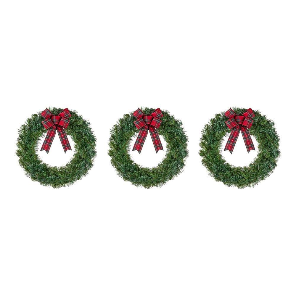 Home Accents Holiday 22 in. Green Artificial Noble Pine Wreaths with Plaid Bow (3 - pack)