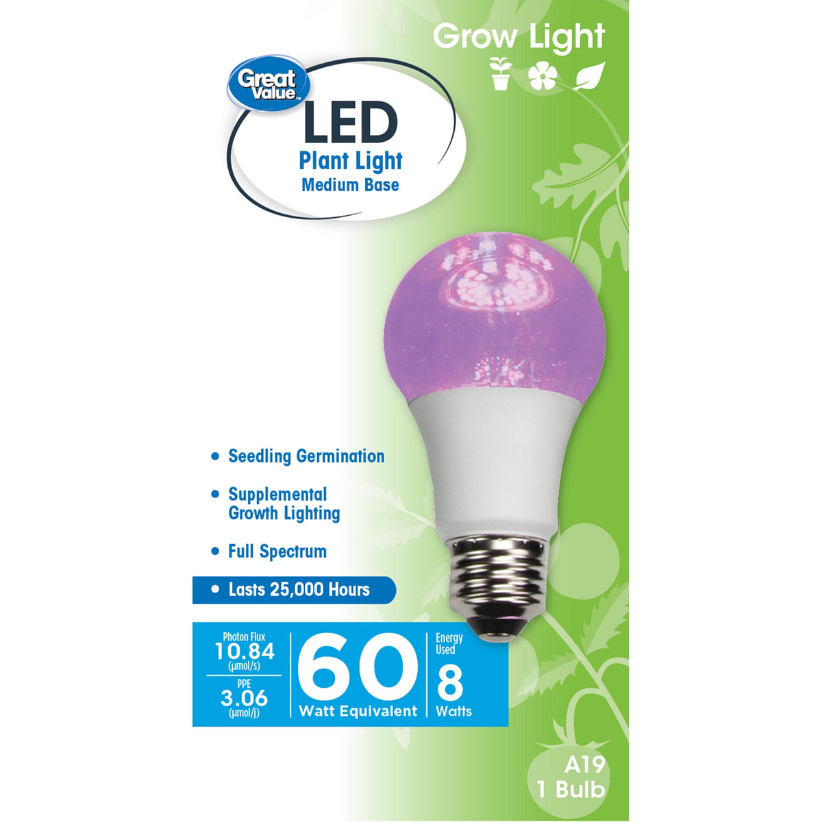 Great Value LED Light Bulb, 8W (60W Equivalent) A19 Grow Light E26 Medium Base, Non - Dimmable, Large Plant, 1 - Pack