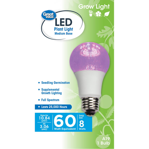 Great Value LED Light Bulb, 8W (60W Equivalent) A19 Grow Light E26 Medium Base, Non - Dimmable, Large Plant, 1 - Pack