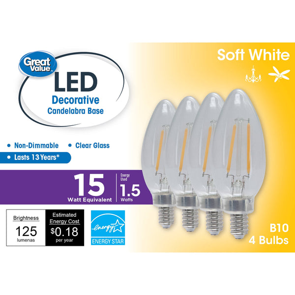 Great Value LED Light Bulb, 1.5 Watts (15w Equivalent) B10 Deco Lamp E12 Candelabra Base, Non - Dimmable, Soft White, 4 - Pack